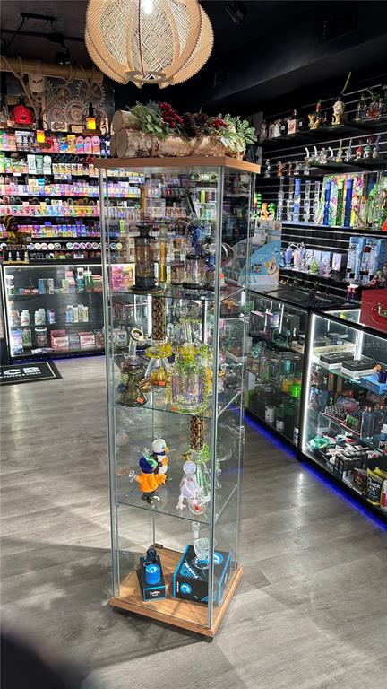 A retail store features a tall glass display case filled with glass pipes and accessories — 0000 WEST LINEBAUGH AVENUE, TAMPA, FL