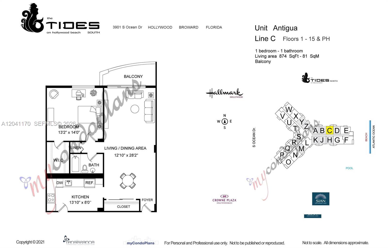 This is a floor plan for a one-bedroom, one-bathroom apartment unit — 3901 S Ocean Dr # 8C, Hollywood FL 33019, HOLLYWOOD, FL