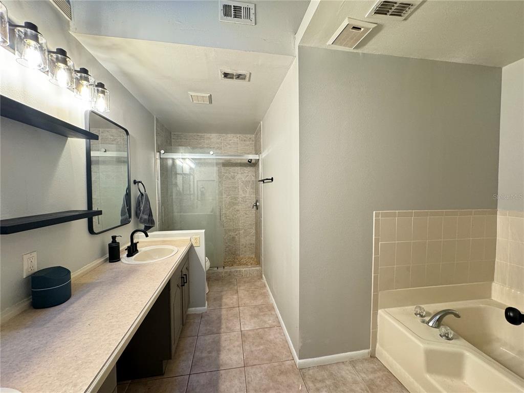 A bathroom features a vanity with a sink, a walk-in shower, and a soaking tub — 626 RED OAK CIRCLE UNIT 110, ALTAMONTE SPRINGS, FL