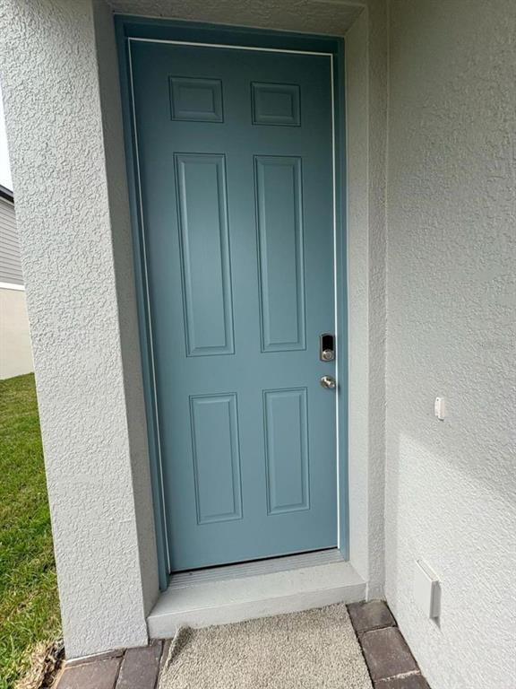 A blue six-panel exterior door is set within a light-colored stucco wall — 16407 BIRD OF PARADISE AVENUE, CLERMONT, FL