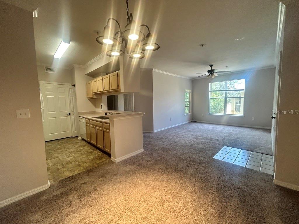 A kitchen with light wood cabinets overlooks an open living area with carpeted flooring — 5616 PINNACLE HEIGHTS CIRCLE UNIT 308, TAMPA, FL