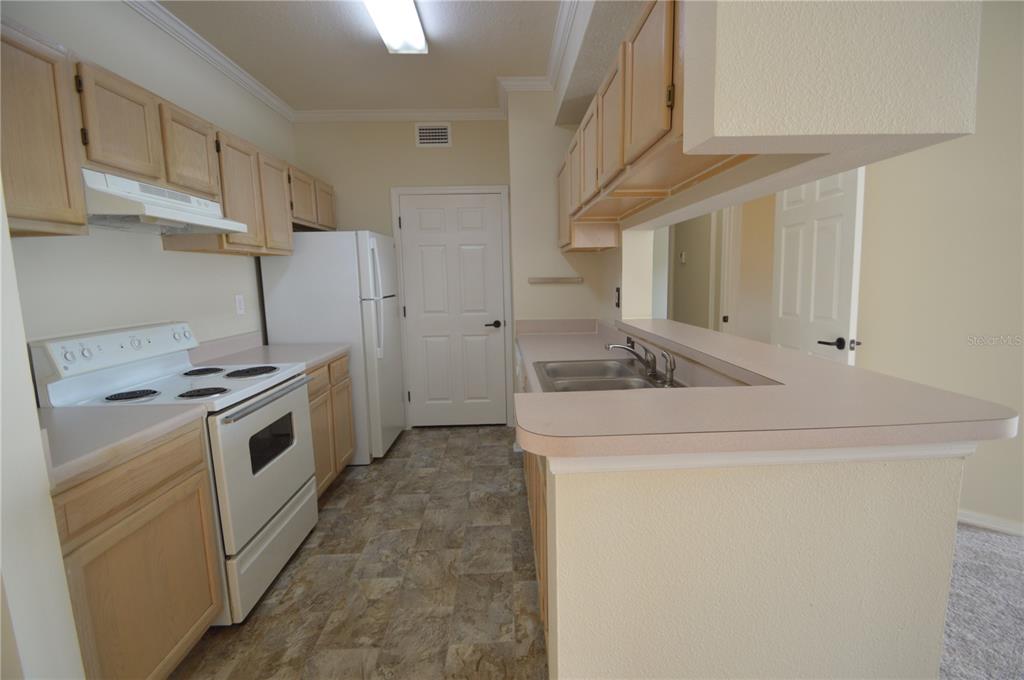 A kitchen features light wood cabinets, white appliances, a double sink, and vinyl flooring — 5616 PINNACLE HEIGHTS CIRCLE UNIT 308, TAMPA, FL