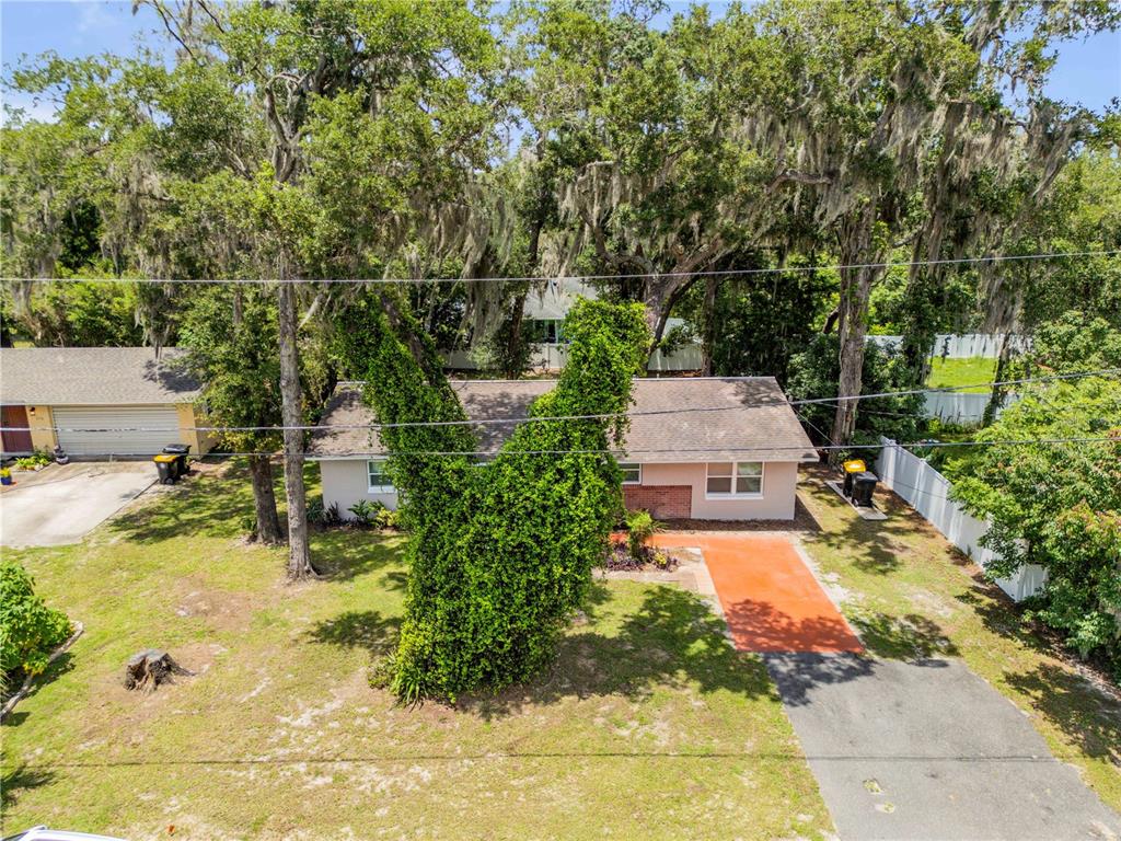 An aerial view shows a single-story house with a large, vine-covered tree in the yard — 380 JULIA AVENUE, ORANGE CITY, FL