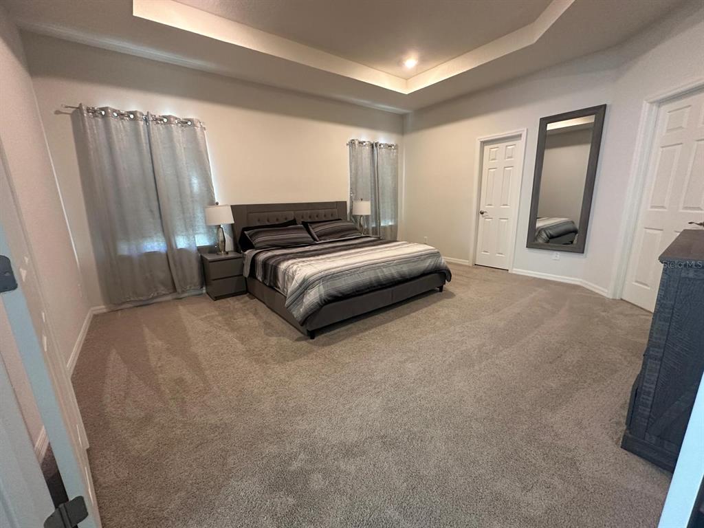 A spacious bedroom features a tray ceiling, gray carpeting, a bed, and a full-length mirror — 5966 WILDFLOWER FIELD WAY, ST CLOUD, FL