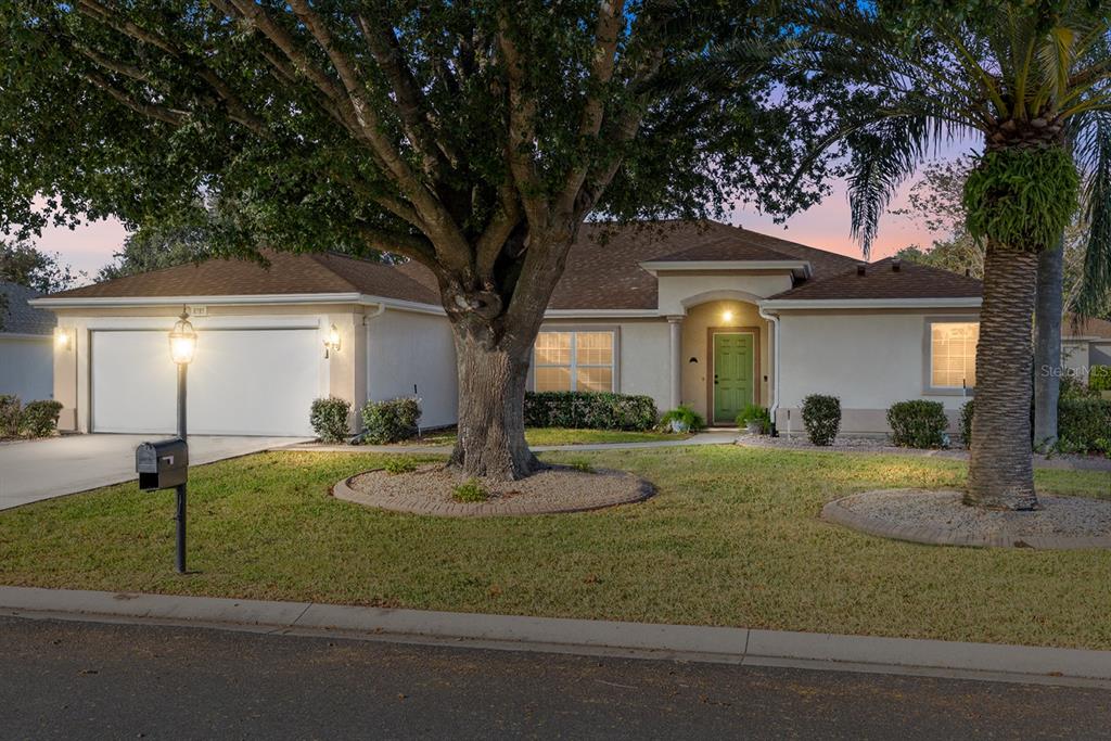 A single-story house with a green front door, a large tree, and a two-car garage — 8789 SE 136TH LANE, SUMMERFIELD, FL