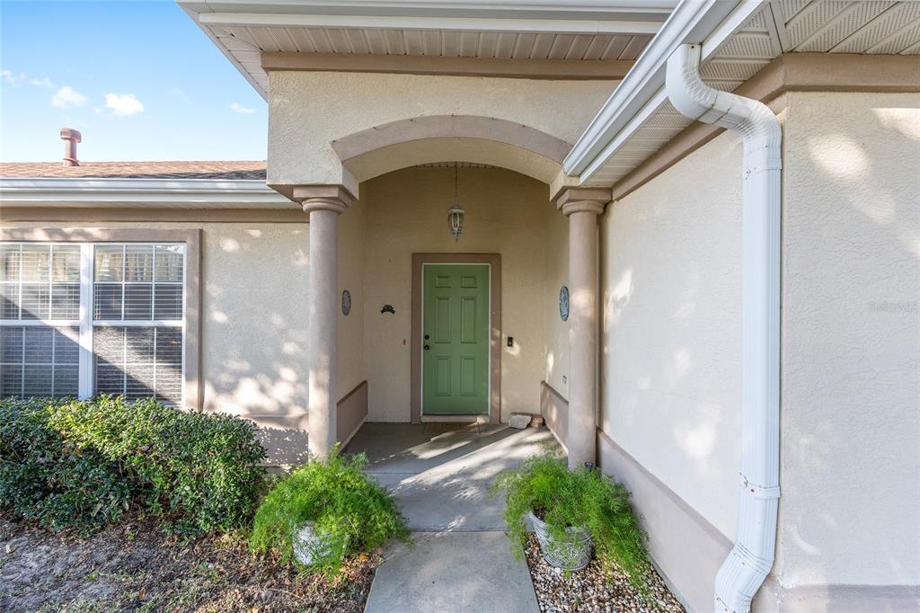 A covered entryway features a green front door flanked by two columns — 8789 SE 136TH LANE, SUMMERFIELD, FL