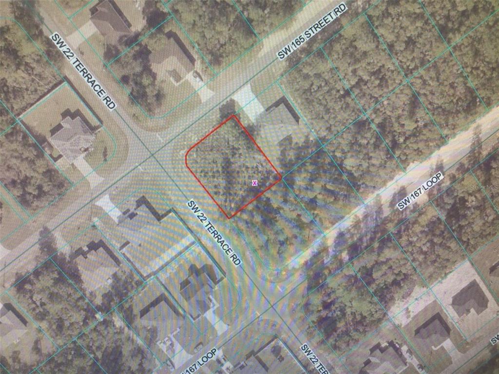An aerial map shows a vacant, wooded residential lot outlined in red — 0 SW 165 STREET ROAD, OCALA, FL