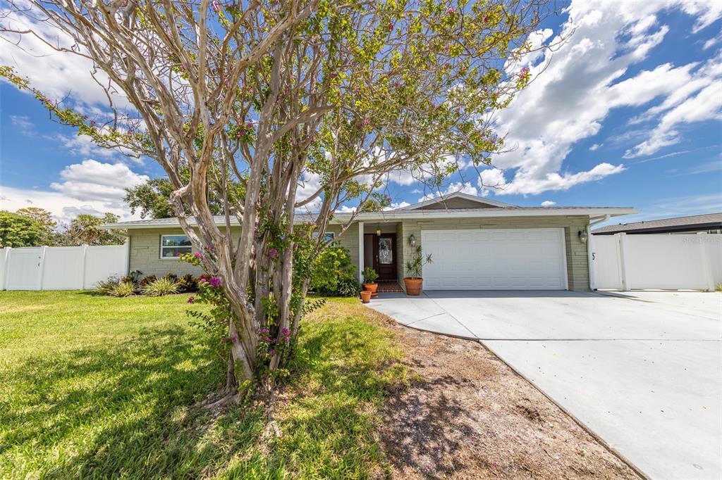 A single-story house with a light green brick exterior, a white garage door, and a tree — 11602 GROVE STREET, SEMINOLE, FL