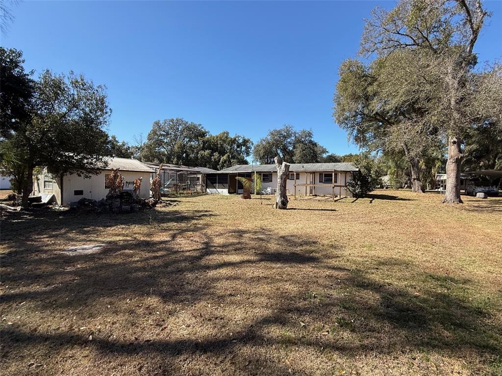 A wide, grassy yard leads to a single-story house with a detached structure and trees — 4404 ARECA PALM DRIVE, ZEPHYRHILLS, FL