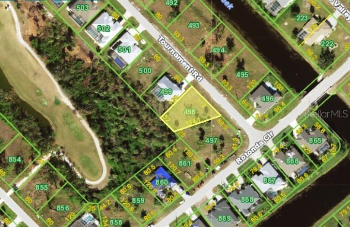 This is a satellite map showing a vacant residential lot highlighted in yellow — 4 TOURNAMENT ROAD, ROTONDA WEST, FL
