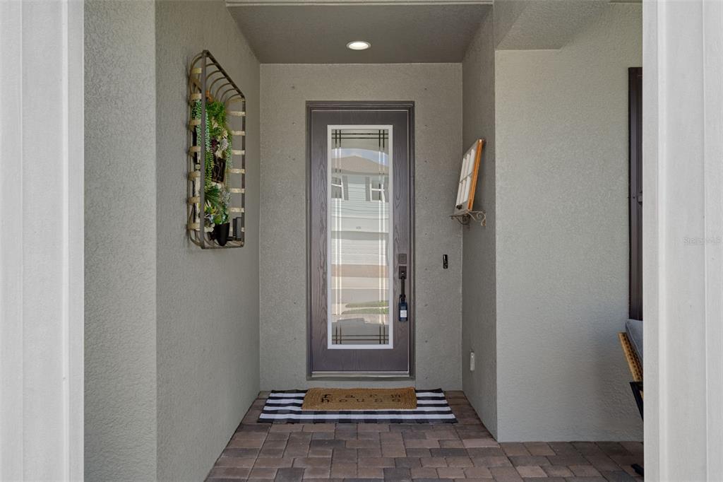 A covered entryway features a dark-framed glass door, a wall-mounted planter, and stone pavers — 18207 RAMBLE ON WAY, LAND O LAKES, FL