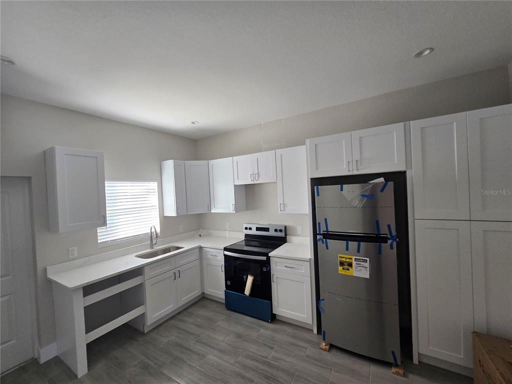 A kitchen features white cabinets, stainless steel appliances, a sink, and gray wood-look flooring — 29469 PEACE RIVER SHORES BOULEVARD, PUNTA GORDA, FL