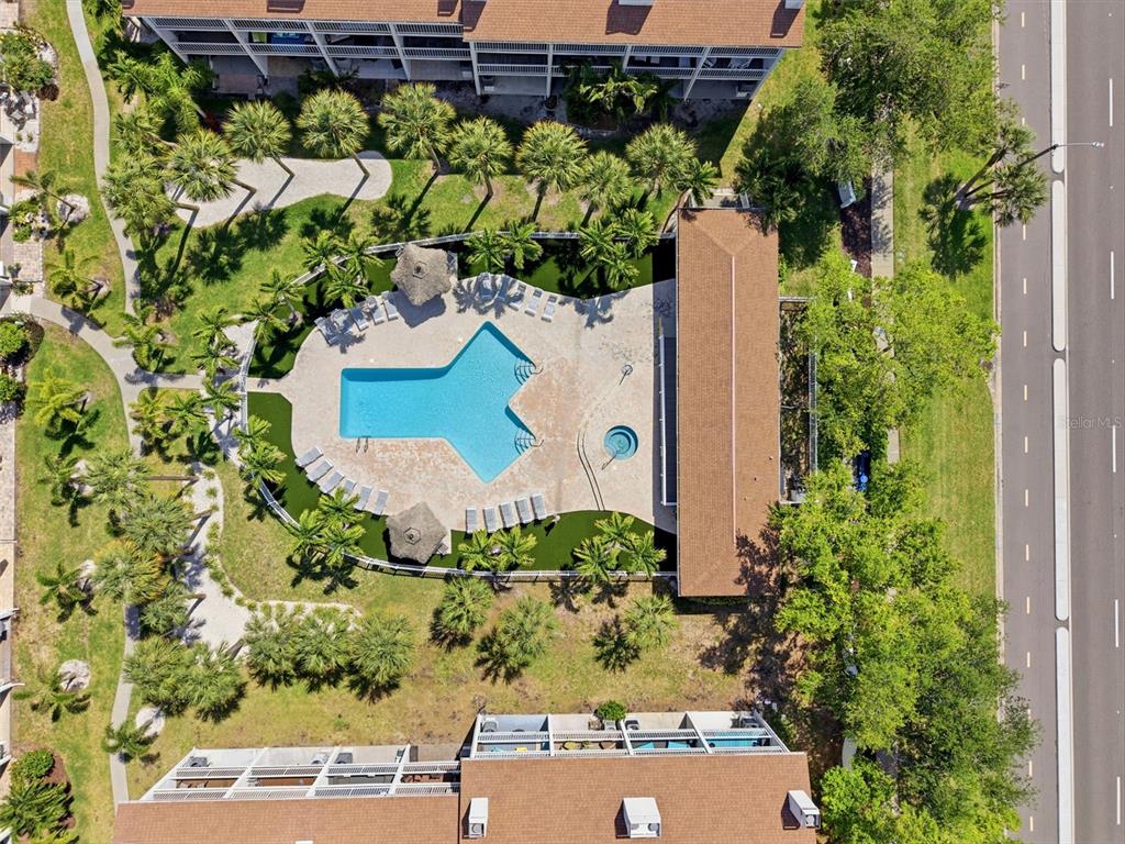 An aerial view shows a swimming pool with a hot tub surrounded by palm trees — 381 MADEIRA CIRCLE, TIERRA VERDE, FL