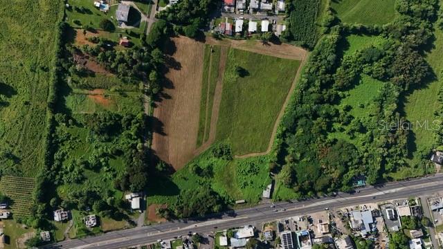 An aerial view shows a large, rectangular plot of land bordered by a road and trees — PR 2 KM. 120.6, AGUADILLA, PR