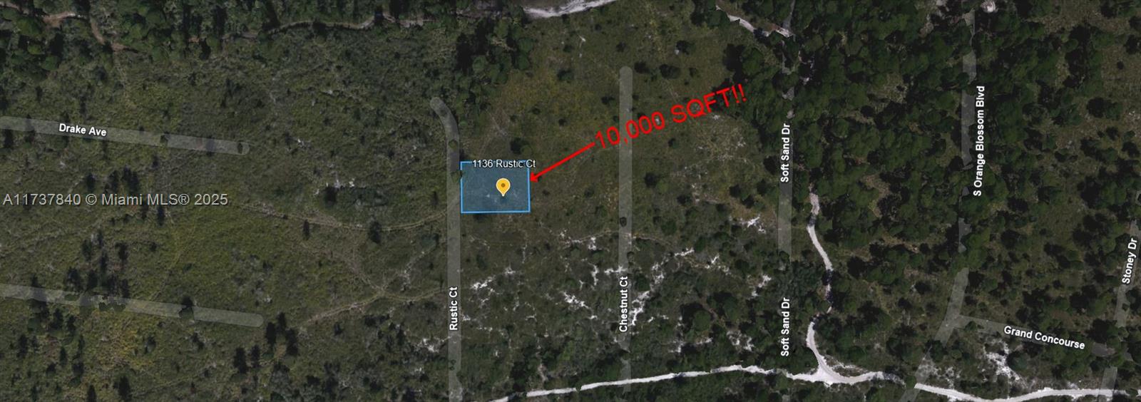 This is an aerial map showing a highlighted rectangular plot of land — 1136 Rustic Court, Sebring FL 33852, SEBRING, FL