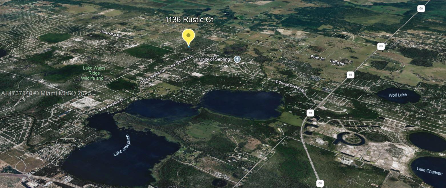 This is an aerial map view showing the location of a property near several lakes — 1136 Rustic Court, Sebring FL 33852, SEBRING, FL