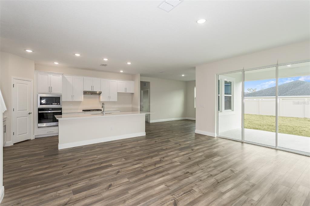 An open-concept kitchen features white cabinetry, stainless steel appliances, and wood-look flooring — 33580 HAMMOCK BEACH WAY, DADE CITY, FL