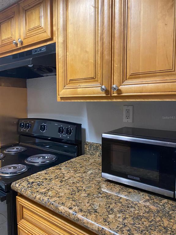 A kitchen features wood cabinets, a black electric stove, and a speckled granite countertop — 4749 S TEXAS AVENUE UNIT 4749C, ORLANDO, FL