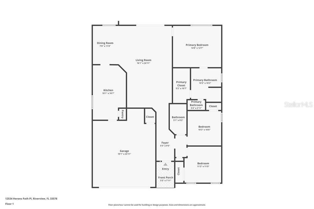 This is a floor plan showing the layout of a single-story residential home — 12534 HERONS PATH PLACE, RIVERVIEW, FL