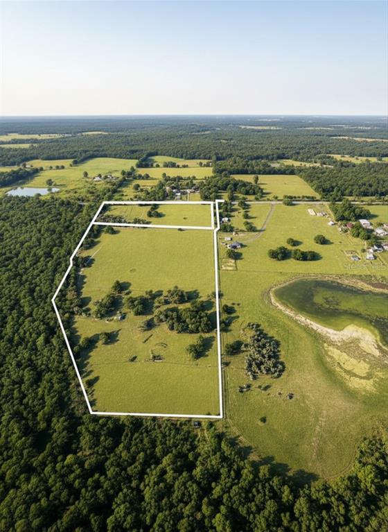 An aerial view shows a large, fenced-in grassy field bordered by dense forest — MONDON HILL ROAD, BROOKSVILLE, FL
