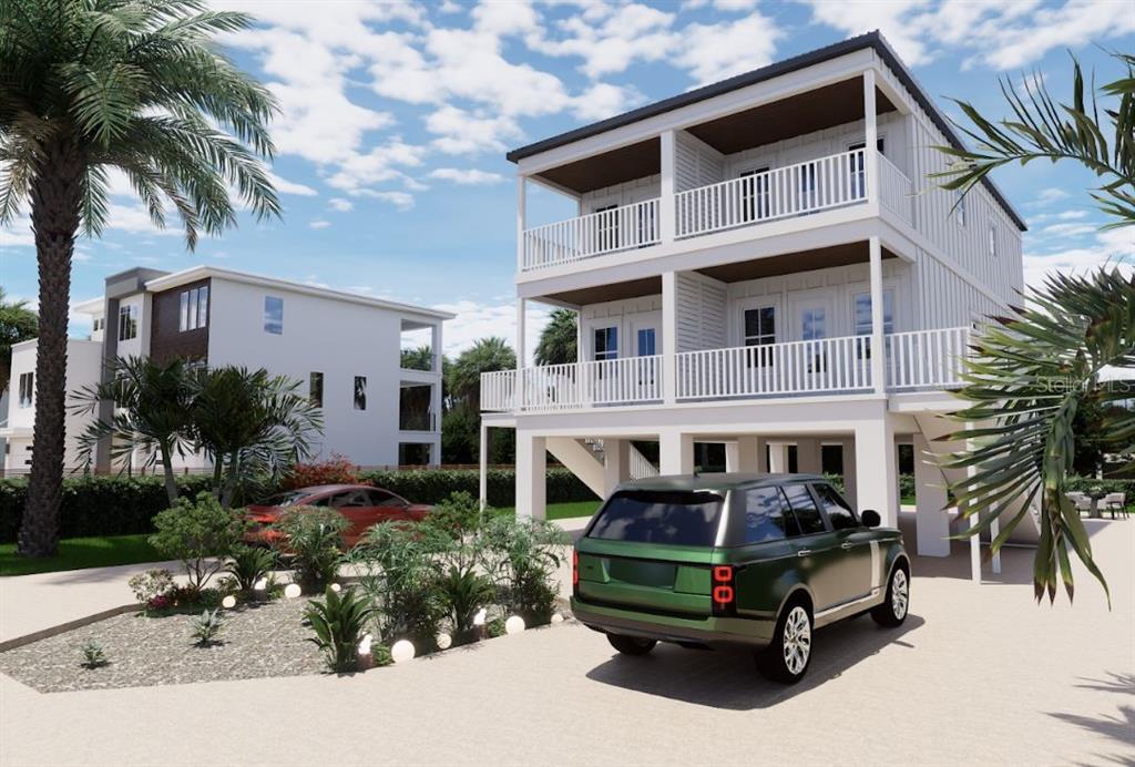 A digital rendering shows a three-story elevated house with white siding and two-story balconies — 108 125TH AVENUE, ST PETERSBURG, FL