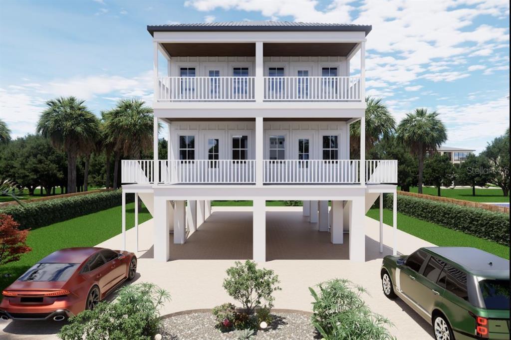 A digital rendering of a three-story elevated house with two levels of covered balconies — 108 125TH AVENUE, ST PETERSBURG, FL