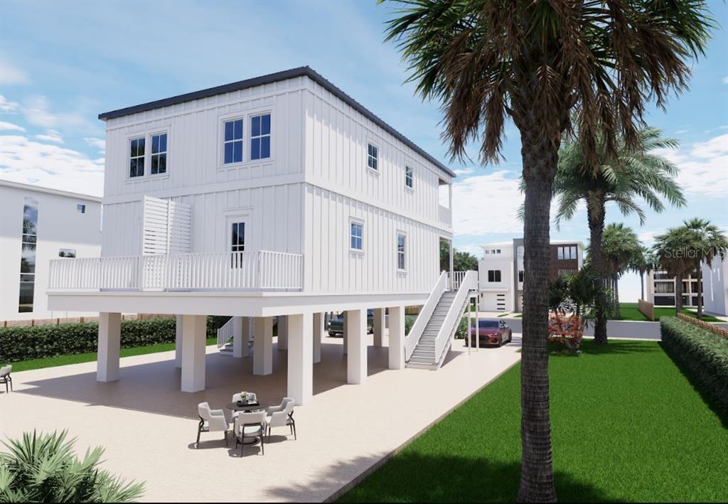 A digital rendering of a two-story white house elevated on stilts with an outdoor patio — 108 125TH AVENUE, ST PETERSBURG, FL