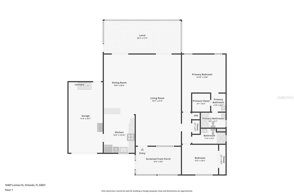 This is a floor plan for a single-story house with a garage and screened porch — 10407 LARISSA STREET, ORLANDO, FL