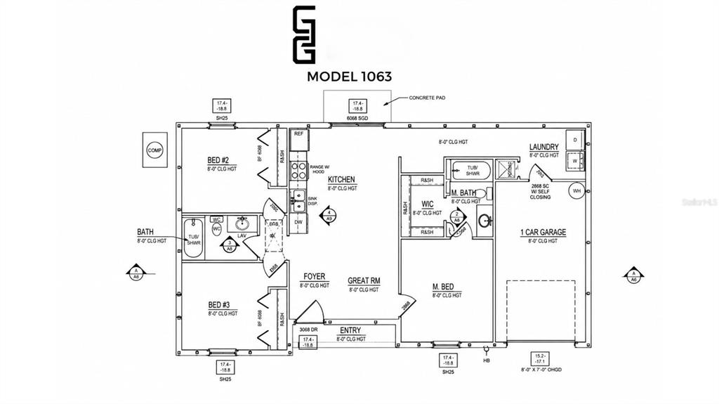 This is a floor plan for a three-bedroom, two-bathroom home with a one-car garage — 423 WATER ROAD, OCALA, FL