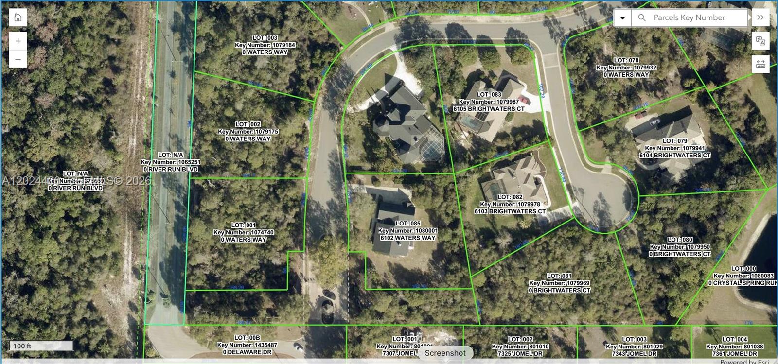 This is a satellite map showing property lot lines, addresses, and key numbers for residential parcels — 6101 WATER WAYS, Spring Hill FL 34607, SPRING HILL, FL