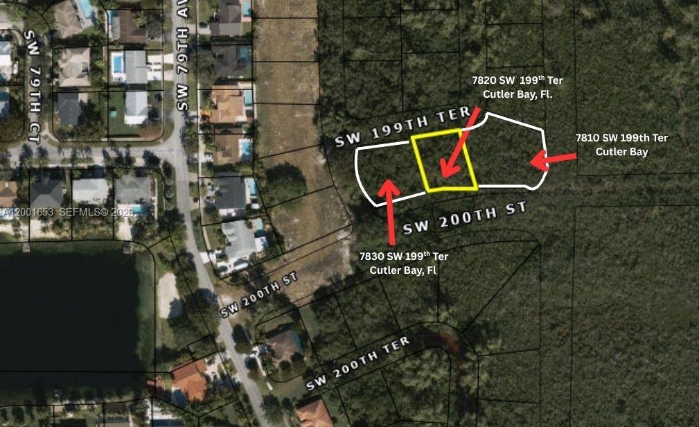 An aerial map shows three adjacent vacant lots outlined in white and yellow — 7830 SW 199th Ter, Cutler Bay FL 33189, CUTLER BAY, FL