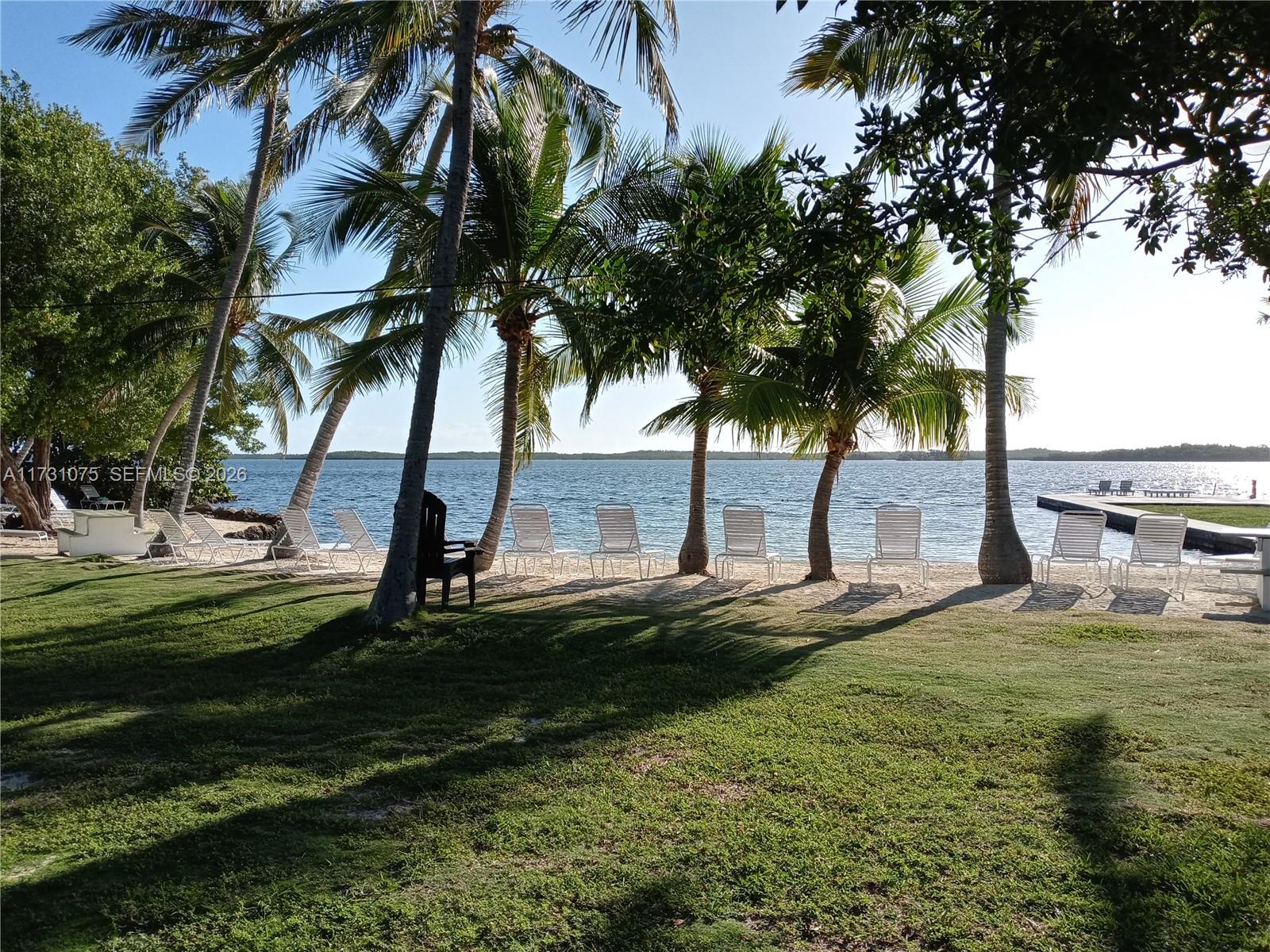 A grassy lawn with palm trees and lounge chairs overlooks a calm body of water — 35 Bass Ave., Key Largo FL 33037, KEY LARGO, FL