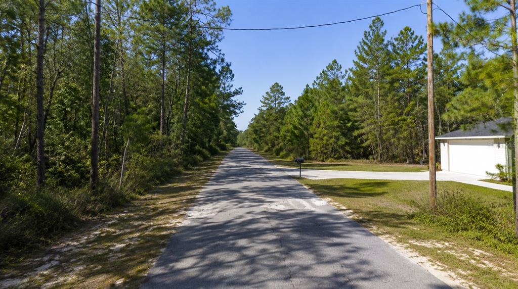 A paved road runs through a wooded area with a house garage on the right — FISHER CRSE,, OCKLAWAHA, FL