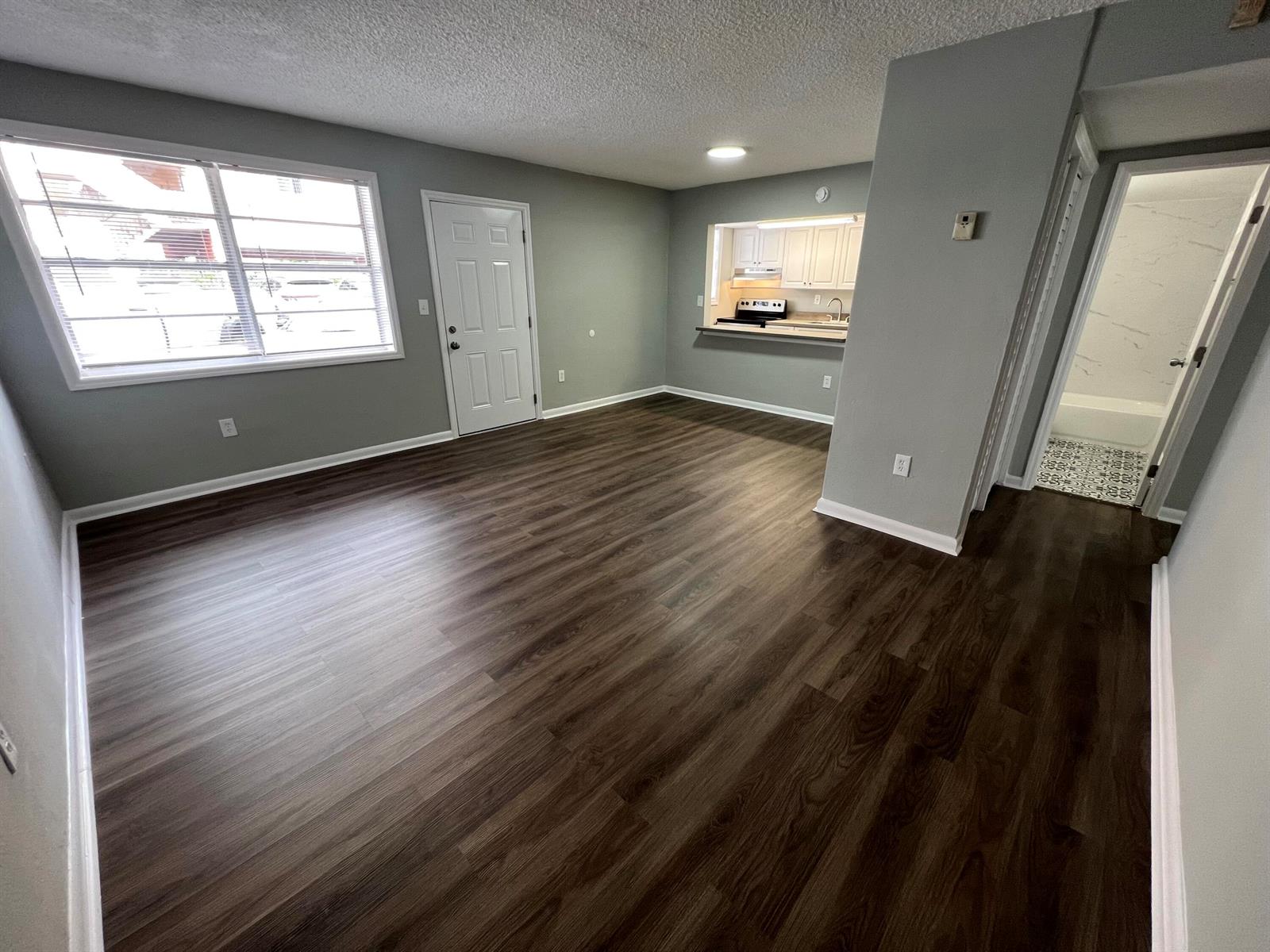 An open-concept living area features dark wood-look flooring, gray walls, and a kitchen pass-through window — 2561 NW 135th Street # 3, Opa-Locka FL 33167, OPA-LOCKA, FL