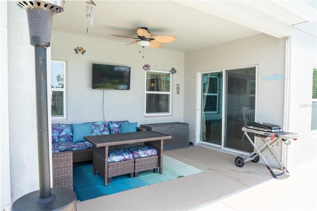 A backyard features a kidney-shaped swimming pool, a concrete deck, and a view of a pond — 493 HOLLOW GLEN DRIVE, TITUSVILLE, FL