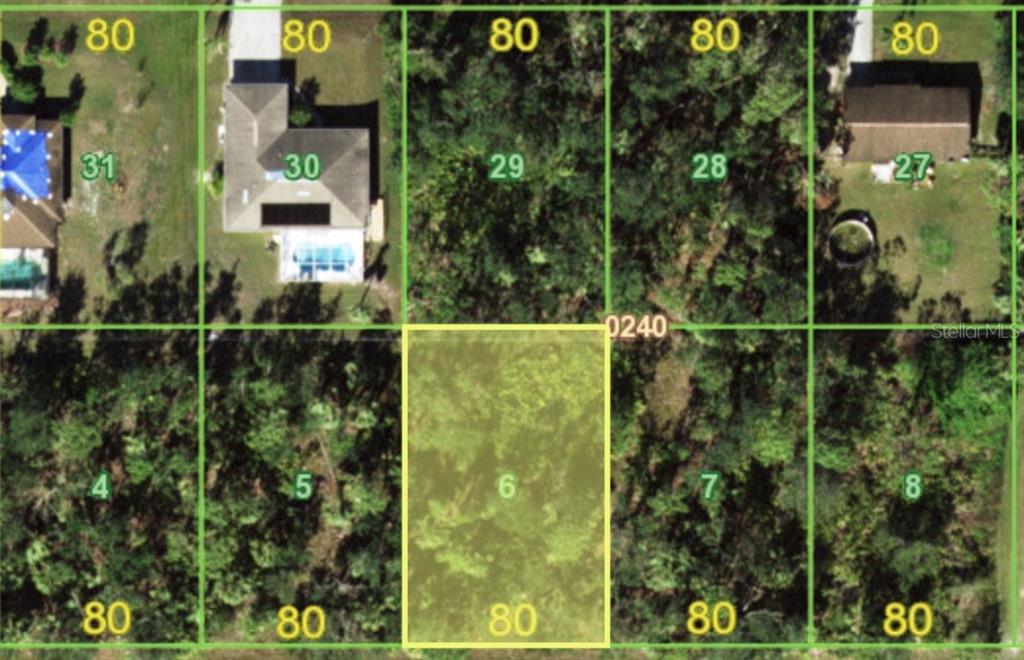 This is an aerial map showing a highlighted rectangular land parcel labeled 6 among surrounding lots — 18360 BLANCHE AVENUE, PORT CHARLOTTE, FL