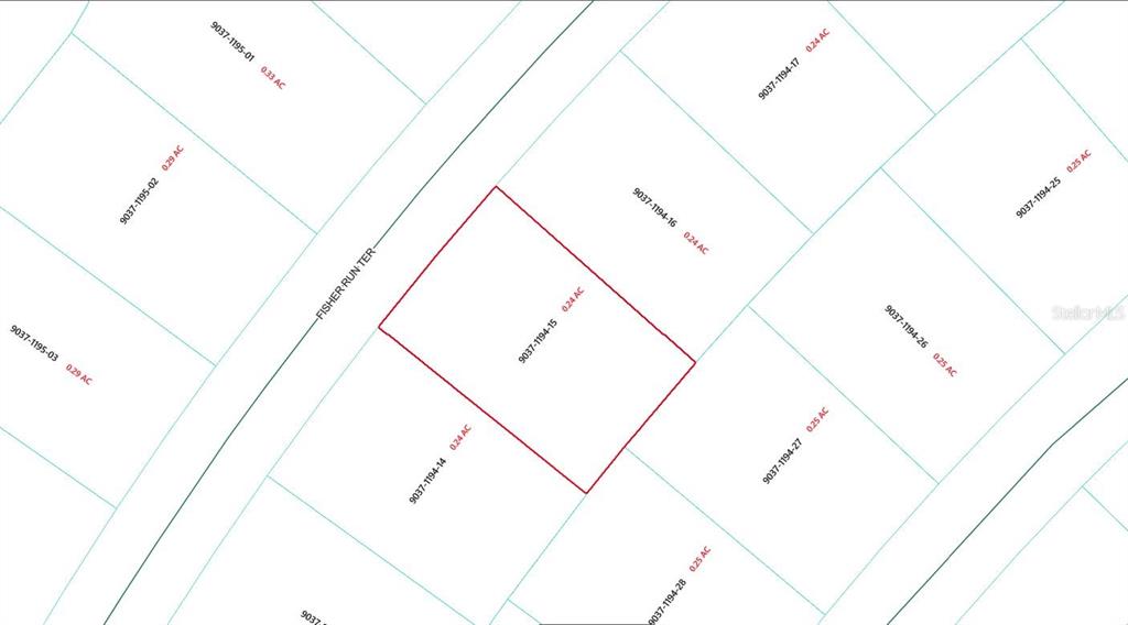 This is a property tax map showing parcel boundaries and lot sizes along Fisher Run Terrace — TBD SE FISHER RUN TERRACE LOT 15, OCALA, FL