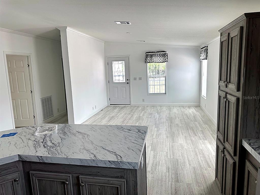 A kitchen island with marble-patterned countertops overlooks a living area with light wood-look flooring — 3492 GREENBLUFF ROAD UNIT 1119, ZELLWOOD, FL