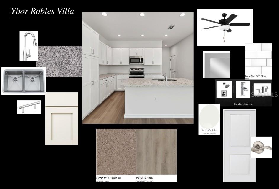 This design board shows a kitchen rendering with white cabinets, granite countertops, and material samples — 1425 E 29TH AVENUE, TAMPA, FL