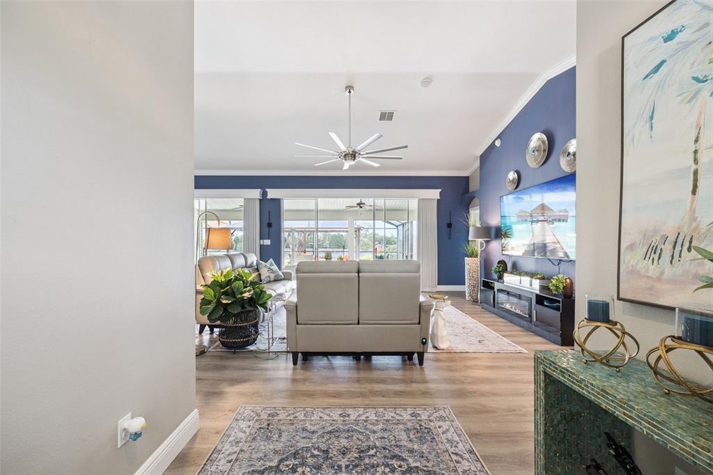 A living room features a blue accent wall, a large ceiling fan, and sliding doors — 4750 SAWGRASS LAKE CIR, LEESBURG, FL