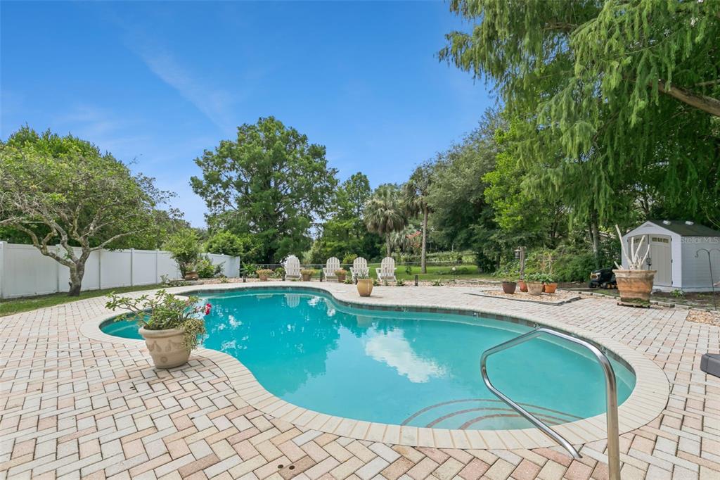 A backyard features a kidney-shaped swimming pool surrounded by a brick paver patio and trees — 1209 DEER RUN DRIVE, WINTER SPRINGS, FL