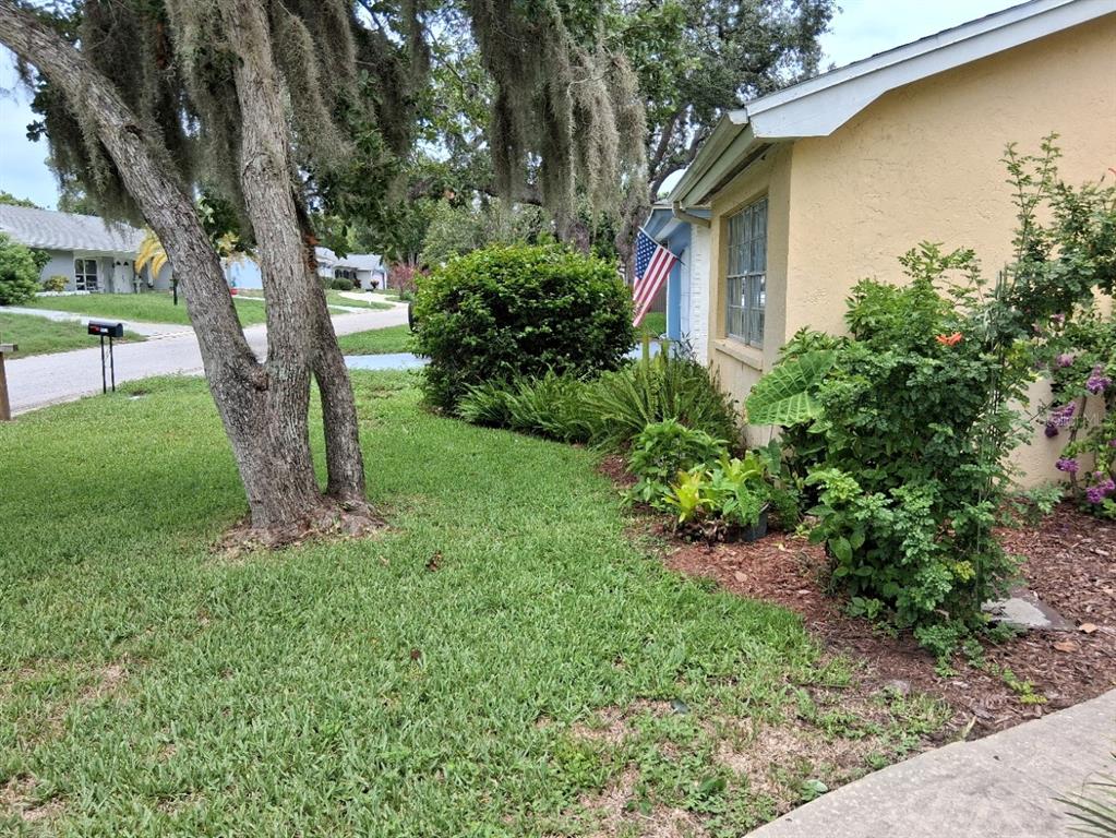A yellow house exterior with a front yard, a large tree, and an American flag — 12406 WEATHERSTONE ROW, HUDSON, FL