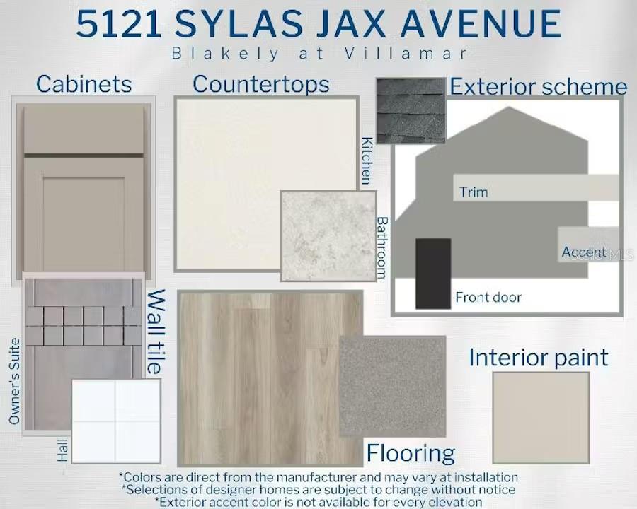 This design board displays material samples for cabinets, countertops, flooring, wall tile, and exterior finishes — 5121 SYLAS JAX AVENUE, WINTER HAVEN, FL
