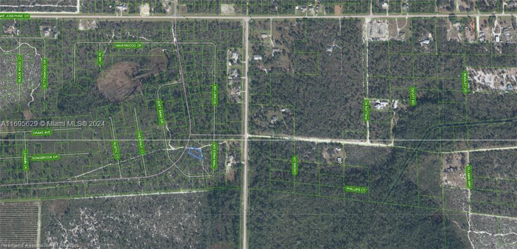 This is an aerial map showing a highlighted land parcel within a wooded residential neighborhood — 13076 S Orange Blossom Blvd, Sebring FL 33852, SEBRING, FL
