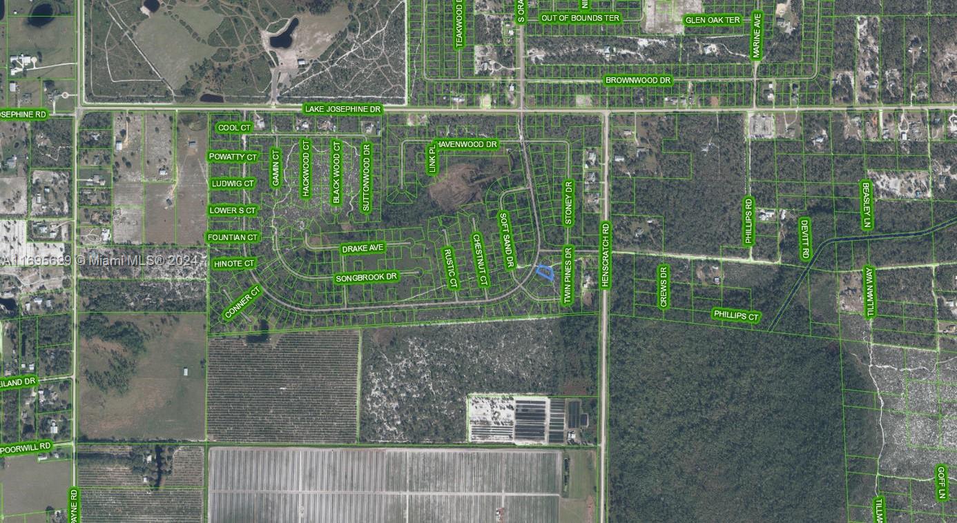 This is an aerial map showing a residential neighborhood with platted lots and street names — 13076 S Orange Blossom Blvd, Sebring FL 33852, SEBRING, FL