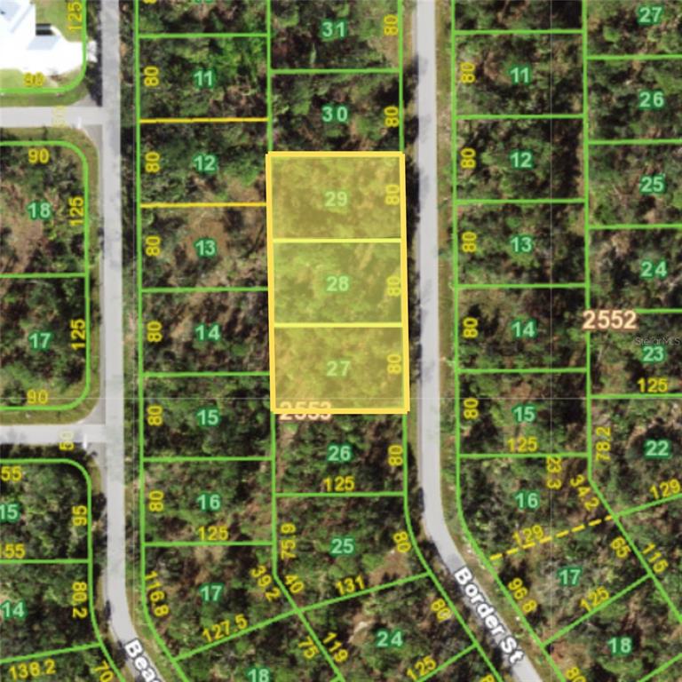 This is a map showing three highlighted adjacent land parcels numbered 27, 28, and 29 — 1101, 1117 & 1109 BORDER STREET, PORT CHARLOTTE, FL