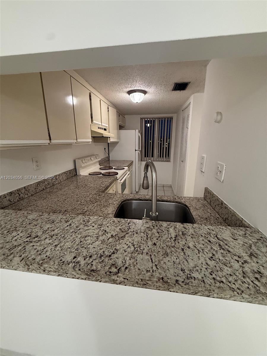 A galley kitchen features granite countertops, light-colored cabinets, and a stainless steel sink — 9917 W Okeechobee Rd # 510, Hialeah Gardens FL 33016, HIALEAH GARDENS, FL