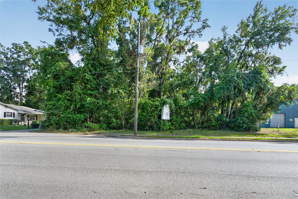 A paved road runs in front of a vacant, tree-covered lot with a utility pole — TBD NW 1ST AVENUE, HIGH SPRINGS, FL