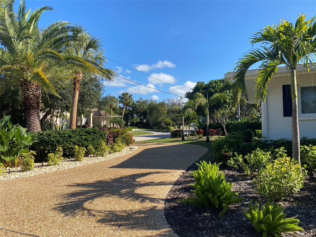 A paved driveway leads toward a house surrounded by palm trees and lush landscaping — 814 PARADISE WAY, SARASOTA, FL