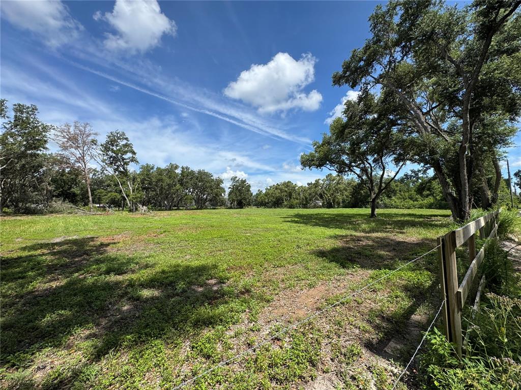 A grassy, open lot features scattered trees and a wooden fence along the right side — 6845 LUMBERTON ROAD, ZEPHYRHILLS, FL
